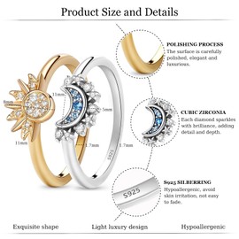 Gloryit Sun Moon Ring Set, Rings Women Gold Silver 925, Heavenly Sun Ring Gold and Moon Ring Silver Matching Ring, Ring Moon, Sparkling Sun Ring