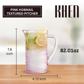 Hobnail Blush Pink Pitcher, Beverage Dispenser, Heavy Duty Glass Beaded, 2.5 Quart, 82oz Cocktails, Juices, Water, Lemonade, Iced Tea, Parties, Everyday Fridge, Container, Milk, Iced Coffee, Drinks