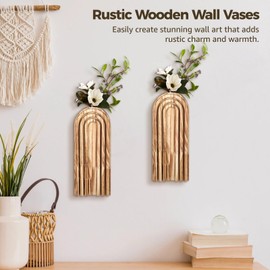 2 Pcs Wooden Wall Vases, Rustic Wood Arched Planters, Vertical Decorative Hanging Planters, Farmhouse Wood Wall Decors, Natural Grain, Versatile Home Decoration