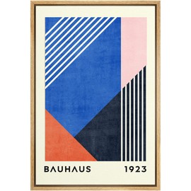 MUDECOR Framed Canvas Print Wall Art Blue Pink Orange Geometric Bauhaus Collage Abstract Shapes Illustrations Fine Art Mid-Century Modern Multicolor for Living Room, Bedroom, Office - 16"x24" Natural
