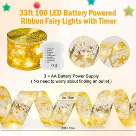 Minetom Christmas Tree Ribbon String Lights - 33ft 100 LED Battery Powered Fairy Lights with Timer