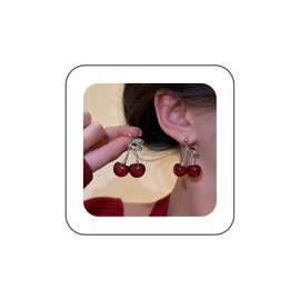 Cybche Boho Black Cherry Dangle Earrings Cherry Drop Earrings Cute Cherry Earrings 3D Cherry Fruit Earrings Silver Leaf Cherry Stud Earrings Jewellery for Women, Zinc, No Gemstone