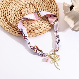 Silk Scarf Choker Necklace Vintage Rose/Pearl/Butterfly/Dragonfly Pendant Necklace Boho Colorful Silk Heart Necklace Fashion Party Wedding Jewelry for Women (Light Pink)