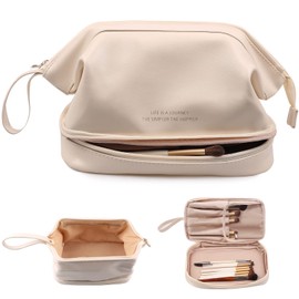 FUNTOCA Bolsa de Cosméticos de Viaje de Gran Capacidad, Bolsa de Maquillaje de Doble Capa, Cosmetiquera para Maquillaje Impermeable de Piel, Neceser de Cuero con Asa Portátil para Mujers (Blanco)