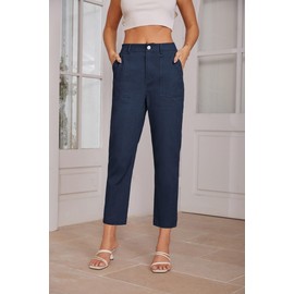 GRACE KARIN Summer Pants for Women 2024 Cotton Slacks Elastic High Waist Cropped Capri Pants Navy Blue XL