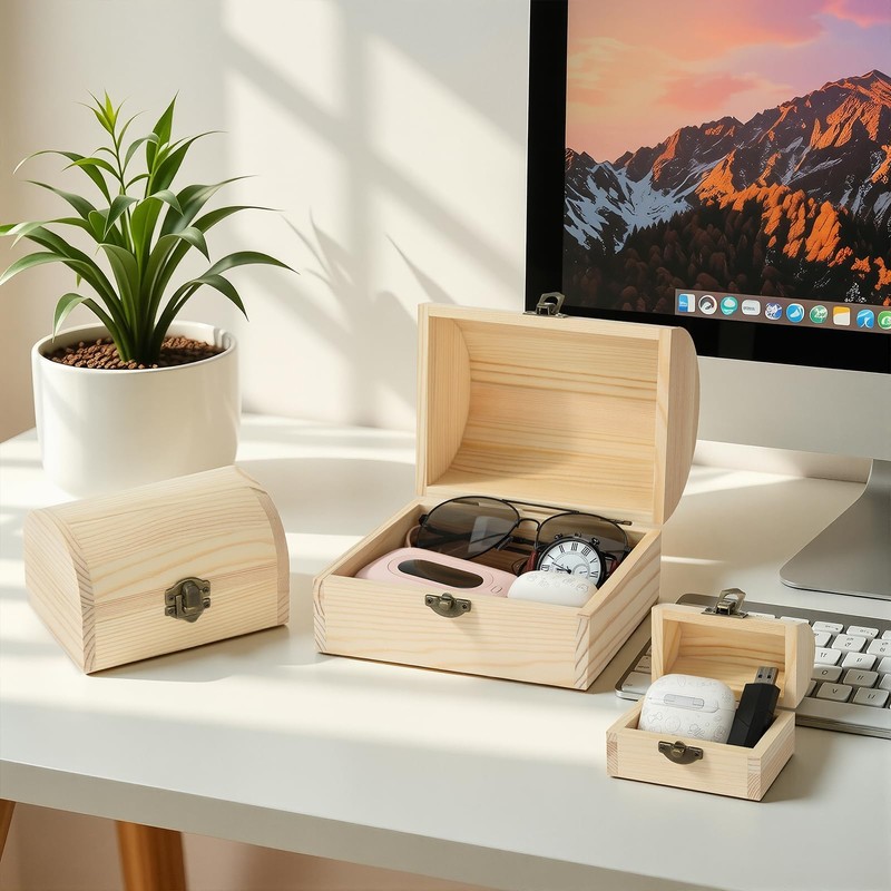 3 Pcs Unfinished Wooden Storage Box for DIY (Small+Medium+Large)