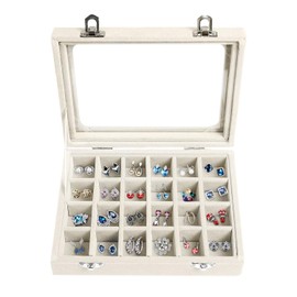 EONGOA Jewelry Box 24 Grid Velvet Earrings Holder Tray Detachable Earring Ring Case Jewelry Showcase Glass Clear Lid Organizer Jewelry Display Storage Ring Trays (Beige)