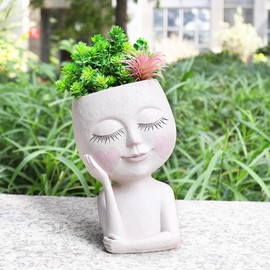 CASANIA Large Face Flower Pot Head Planter for Indoor and Outdoor Cute Plant Pots with Drainage Hole Resin Cactus Plant Holder Succulent Pots for DIY