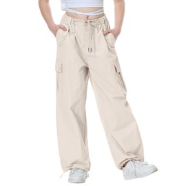 Rolanko Girls Parachute Pants, Cargo Pants for Girls Y2K Loose Jogger Cargo Trousers with Pockets Kids Streetwear (Beige, 8-10)