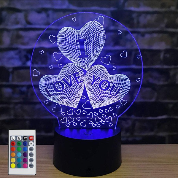 AZIMOM 3D I Love You Illusion lamp Night Light 16Colors Changing Smart Touch Remote Control Optical Illusion Bedside Lamps Bedroom Home Decoration for Kids Boys & Girls Women Birthday Gifts