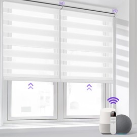 Allesin Motorized Zebra Blinds for Window with Remote, Compatible with Alexa, Smart Dual Layer Shades, Smart Zebra Roller Shades Light Filtering Dry Battery Motor, for Home Office(White, H72 x W27)