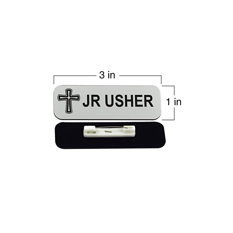 Jr Usher 1 x 3 Name Tag/Badge, Silver, Cross Design