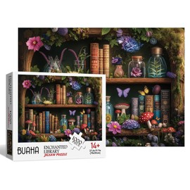 Fantasy Mushroom Bookshelf Puzzles for Adults 1000 Pieces Nature Magic Flower Art Book Library Jigsaw Puzzles Challenging Hard Difficult Puzzle
