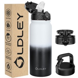 Oldley Insulated Water Bottle 20oz Water Bottles with Straw, Stainless Steel Water Bottle with 3 Lids, Double Wall Vacuum Thermo for Adults Kids,Leak-Proof Sport Bottles for School Travel, White Black