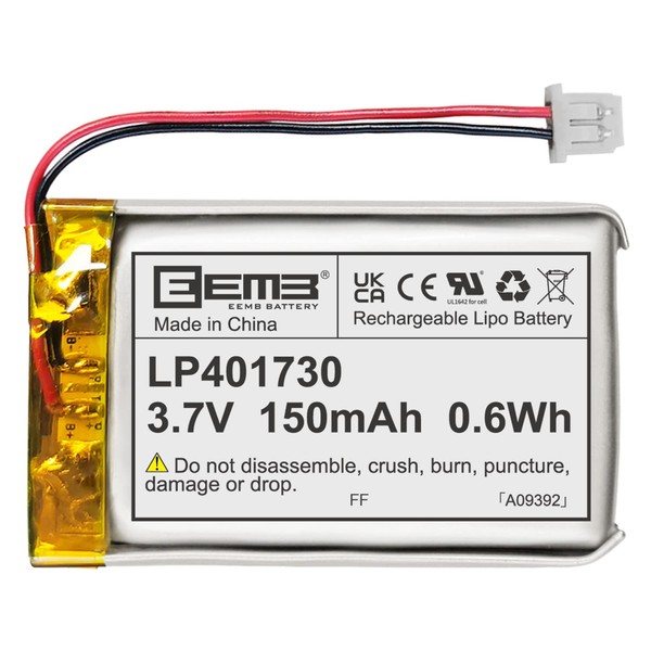 EEMB Lithium Polymer Battery 3.7V 150mAh 401730 Lipo Rechargeable Battery Pack with Wire Molex Connector for Speaker and Wireless Device- Confirm Device & Connector Polarity Before Purchase