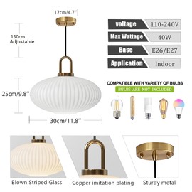 Brikey White Glass Pendant Light with Brass Gold Base, White Ceiling Light Hanging Lamp for Bedside Dining Table Kitchen Island (11.8 inch, White)