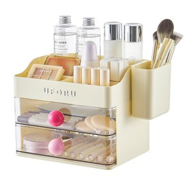 UFORU Makeup Organizer for Vanity with Brush Holder, Bathroom Counter Organizer with 2 Clear Drawers, Cosmetic Display Case for Beauty Essential, Skincare, Lipstick, Cream White&Pink