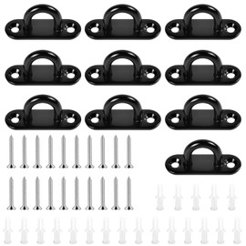 10Set M5 Stainless Steel Eye Plate, Black Metal Oblong Eye Plate Pads, Staple Rings Hooks Hardware with 2 Holes Wall Anchor Ceiling Hook for Rope Loop Hanging Hooks, with Screws and Plastic Plugs