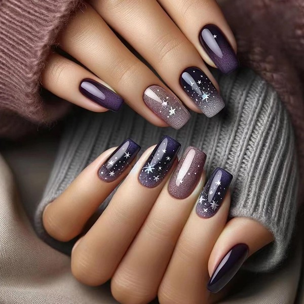 MERVF Long Square Press on Nails Fake Nails Dark Pruple