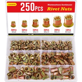 YOOPIN 250PCS Rivnut Kit, Zinc Plated Carbon Steel Rivet Nut, M3 M4 M5 M6 M8 M10 Rivnuts Assortment Set, Flat Head Threaded Insert Nut for Metal Sheets, Electrical Appliances and Industrial Products