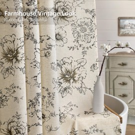 NDDYCU Farmhouse Floral Linen Shower Curtain, Vintage Black Pattern Rustic Shower Curtains for Bathroom, Tan Taupe,72x84