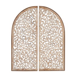 Deco 79 Wooden Floral Handmade Home Wall Decor Arched Wall Sculpture with Intricate Carvings, Set of 2 Wall Art 15" W, 36" H, Brown