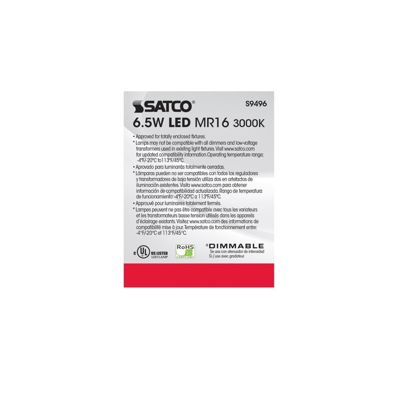 Satco Lighting S9496-6.5 Watt Dimmable MR16 Low Voltage LED Light