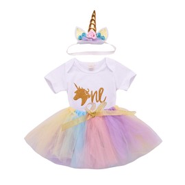 BOEBNOZCV Toddler Baby Unicorn 1st Birthday Outfit Newborn Baby Girl Party Romper Bodysuit+ Tutu Skirt Dress Clothes Set (0-6 Months, Unicorn One)