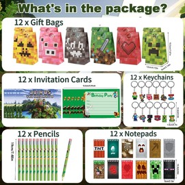 KEVRDRT Miner Video Game Party Bag Miner Pixel Party Bag Children with Pencil Invitation Cards Key Ring Gift Bags Notebook, Video Game Children's Birthday Party Favours