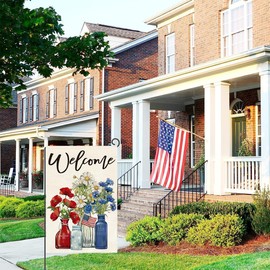 Floral Garden Flag 12x18 Inch Fall Garden Flag for Outside Mason Jar Flowers Red Blue Patriotic Yard Flag Double Sided Burlap Decorations