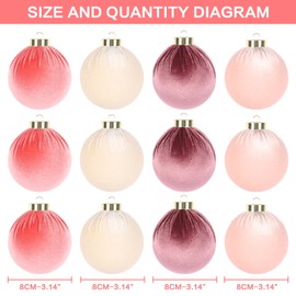 Super Holiday 80MM/3.14" Velvet Christmas Balls, 12PCS Plastic Christmas Ball Ornaments for Xmas Tree Hanging Decorations Assortment, for Holiday Party Decor (Pink/White/Dark Pink/Light Pink).