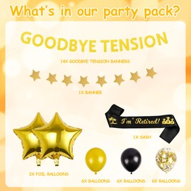 Retirement Decorations Party Supplies Set - Goodbye Tension Hello Pension Banners and Decoration Black Gold Balloons I’M Retired Sash for Retirement Party