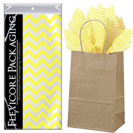Flexicore Packaging Natural Brown Kraft Paper Gift Bags & Yellow Gift Wrap Tissue Paper | Size: 5.25 Inch X 3.25 Inch X 8.25 Inch | Count: 50 Bags | Color: Yellow Chevron