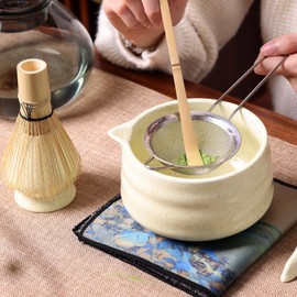 VONAHAST Japanese Matcha Whisk Set - 7-Piece Kit Bamboo Chasen, Ceramic Bowl with Spout, Stainless Steel Sifter & Holder Yellow