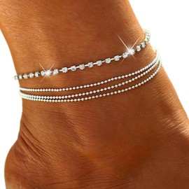 Atentuyi Layered Rhinestones Anklet Silver Ankle Bracelet Bohemian Foot Chain Barefoot Beach Anklet Jewelry for Women and Girls