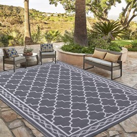 GAOMON Outdoor Rug for Patios 6x9 Reversible Patio Rug Plastic Straw Rug Waterproof Lightweight Rug for Backyard, Picnic, Beach, Camping, Grey/White