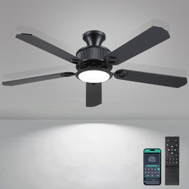 Surtime 52" Ceiling Fans with Lights-Low Profile Ceiling Fan with Light and APP&Remote Control,Flush Mount Ceiling Fan for Indoor/Outdoor,3 Colors Dimmable,5 Reversible Double-Sided Blades（Black）