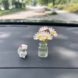 ZIMISI Daisy Flower Car Accessories, Mini Cute Rabbit Dashboard Decoration, Aesthetic Plant Car Rear View Mirror Ornament, Funny Vehicle Interior Decorations for Cars Trucks Home Women Girl (Pink)