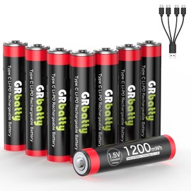 GRbatty USB Rechargeable AAA Lithium Batteries 8 Pack, USB C Rechargeable Triple A Lithium Batteries, 1200mWh 1.5V with 4-in-1 Charging Cable, 1 Hour Fast Charging USB AAA Rechargeable Battery