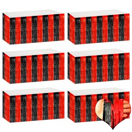 6 Pack 29x108 Inch Metallic Foil Fringe Table Skirts Banner for Tinsel Streamer Garland Curtains Backdrop for Parade Floats Casino Viva Las Vegas Game Night Birthday Party Decorations(Black Red)