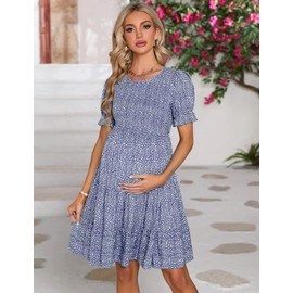 KOJOOIN Women Short Sleeve Smocked Maternity Dress Round Neck Floral Print A Line Casual Gender Reveal Midi Pregnancy Dress for Baby Shower Photoshoot, Blue M