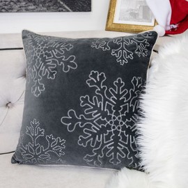Homey Cozy Embroidery Gray Velvet Throw Pillow Cover, Merry Christmas Series Snowflake Luxury Soft Fuzzy Cozy Warm Slik Gift Square Couch Cushion Pillow Case 20 x 20 Inch, Cover Only