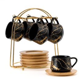 LUKA Ceramic Espresso Cups with Saucers and Metal Stand, Small 4 oz Porcelain Demitasse Cups Set of 6, Cute Cappuccino Coffee Cups for Double Espresso, Tea, Marbling Black