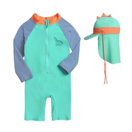 Baby Boys Girls Swimsuit Dinosaur Rash Guard Sun Protection Set Kids One Piece Zipper Bathing Suit Swimwear with Hat（Green,12-18Months）