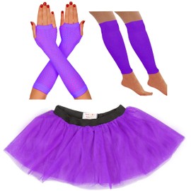 80s Fancy Dress for Women Neon Tutu Skirt 80s costume Neon Party Accessories 1980s Fancy Dress Costumes for Women Neon tutu Neon Leg Warmers Neon Fishnet Gloves Rave Retro Outfit (8-12 UK, Purple)