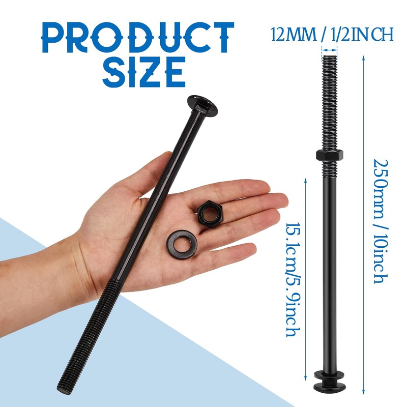 Zonon 12 Sets 1/2 x 10 Inch Black Carriage Bolt