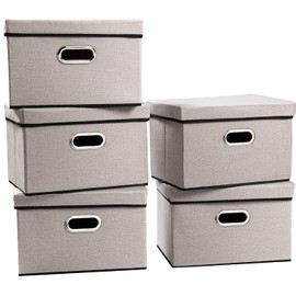 PRANDOM Foldable Storage Bin with Lid [5-Pack] Linen Fabric Decorative Storage Box Organizer Container Basket Cube with Handles Divider for Closet Office Living Room Light Grey(14.9x9.8x9.8)