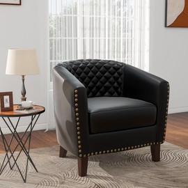 Pia Ricco Faux Leather Barrel Accent Chair, Modern Club Arm Chair Comfy Upholstered Single Sofa Chair with Solid Wood Legs and Nailhead Trim for Living Room/Reading Room, Black
