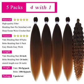 Brown Blonde Ombre Braiding Hair Pre Stretched with Boho Braids 1b/30/27 Curly Deep Ocean Wave Crochet Hair Natural Color Synthetic Knotless Boho Braiding Hair for Bohemian Braids 5 Packs