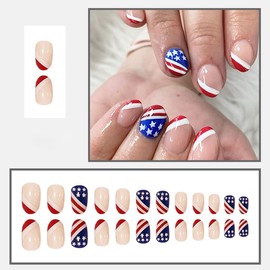 Short Oval Press on Nails 4th of July Fake Nails French Tip False Nails Independence Day USA Flags Design Fake Nails Almond Stick on Nails Glossy Artificial Nails for Memorial Day DIY Nail Decoration